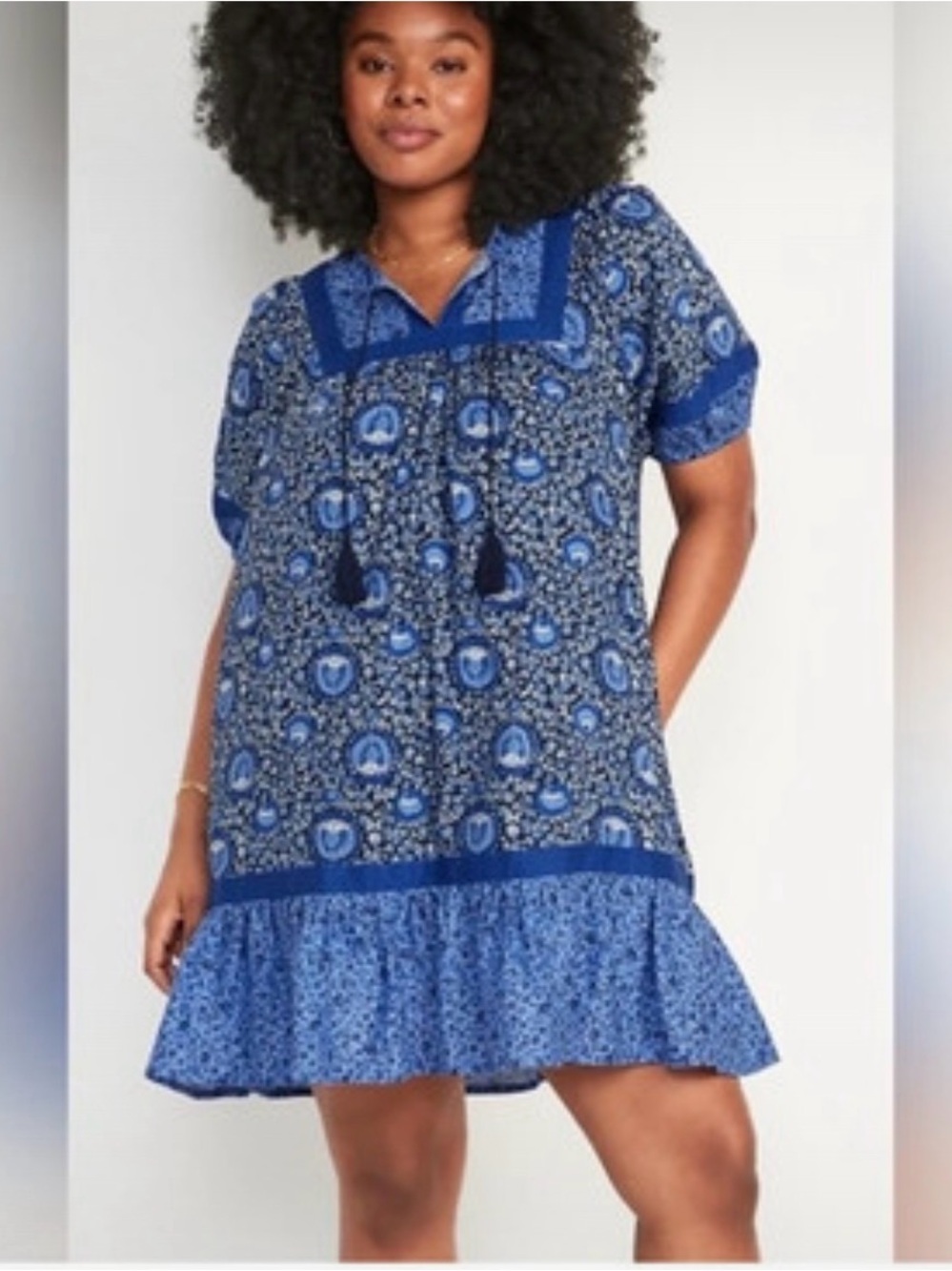 Old Navy Blue Printed Tassel-Yoke Mini Dress
